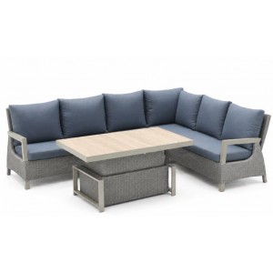 Sodo baldų komplektas + didelė kampinė sofa + reguliuojamo aukščio stalas + 13 pagalvėlių